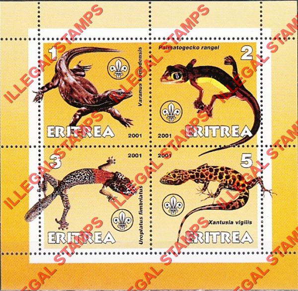 Eritrea 2001 Lizards Reptiles Counterfeit Illegal Stamp Souvenir Sheet of 4 Eritrea 2001 Lizards Reptiles Counterfeit Illegal Stamp Souvenir Sheet of 4